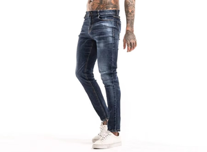 Jean en denim bleu pour homme, taille mi-haute, coupe droite, délavé, patchwork, effet usé, déchiré, extensible, adouci, écologique, vente en gros - Product Image 6