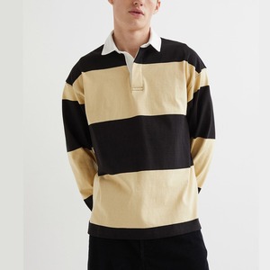 Camiseta de Hombre de Manga Corta, Cuello Alto, Tejido a Rayas, Corte Regular, Diseño Casual, Color Negro y Beige, Patrón de Bloques de Color en Contraste - Product Image 3