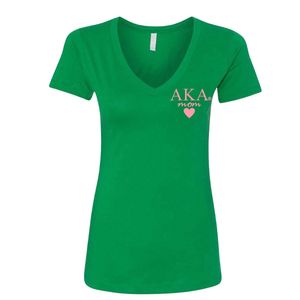 เสื้อยืดแขนสั้นคอวีสีเขียวสำหรับผู้หญิง พร้อมลายปักหัวใจสีชมพู เสื้อยืดแฟชั่นฤดูร้อนผ้าฝ้ายลำลอง นุ่มสบาย ใส่ได้ทุกวัน - Product Image 1