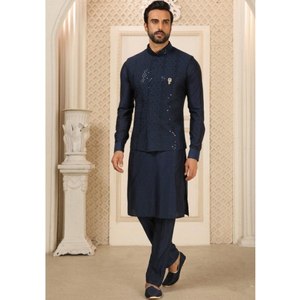 Navy Blue Nehru Jacket for Men Sequence Work with <b>Art</b> Silk Bottom Men's Outerwear Set - Product Image 1