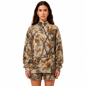 Ensemble décontracté 2 pièces motif camouflage feuilles forestières : pull à col montant coupe décontractée et short assorti - Product Image 6