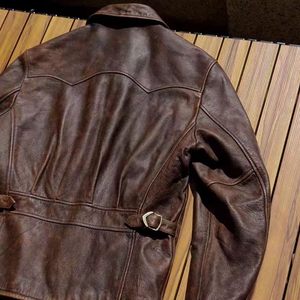 Blouson de motard rétro décontracté pour homme en cuir de veau véritable, coupe oversize ajustée, col montant, logo frontal, coupe-vent - Product Image 1