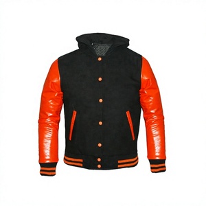 Veste de sport à capuche noire pour homme avec manches en PU orange, veste décontractée à boutons sur le devant, streetwear, vêtements d'automne - Product Image 1