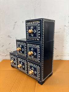 Meuble de rangement à double tiroir en fibres végétales peint à la main, noir et blanc, vintage, décoratif, fait main, gain de place, décoration intérieure - Product Image 2