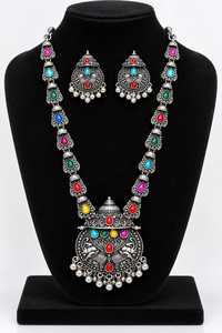 Parure de bijoux de mariage vintage colorée pour femme, collier superposé et boucles d'oreilles, plaqué argent antique, collier long de haute qualité - Product Image 5