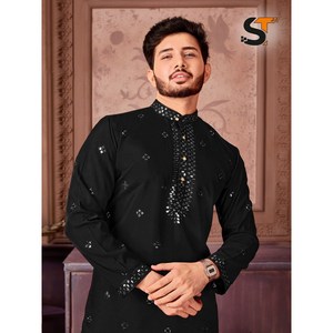 RICH LOOK SILK STICKEREI SEQUENZ ARBEITS MÄNNER KURTA PAJAMA SCHWARZ Shalwar Kameez - Product Image 3