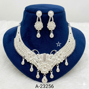 Women's 24K <b>Solid</b> Gold Zircon Flower Choker <b>Necklace</b> Set with Matching Gold Plated Drop Earrings Classic Wedding Jewelry A-23253 - Product Image 4