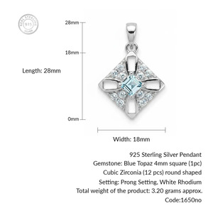 Pendentif géométrique en argent 925 plaqué rhodium avec topaze bleue et pierres CZ taille princesse, design solitaire classique, unisexe, pour un usage quotidien - Product Image 2
