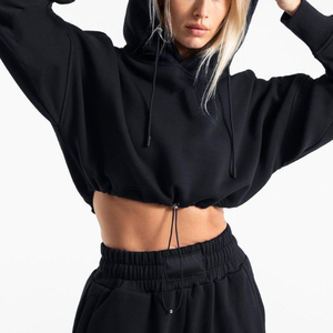 Women's Cropped Hoodie Oversized Solid <b>Black</b> Cotton Sweatshirt Hooded <b>Long</b> Sleeve Autumn Wear Breathable Knitted <b>Top</b> - Product Image 2