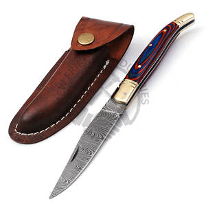 Couteau pliant Damas nouvelle édition haut de gamme avec étui en cuir, 8,5 pouces de long, couteau de poche Laguiole avec manche en bois bleu-noir et bolster en laiton - Product Image 2