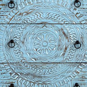 Commode à six tiroirs en bois de manguier sculpté à la main, écologique, bleu rustique, avec motif mandala, meuble de rangement pour salon - Product Image 3