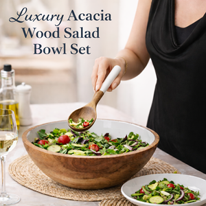 Juego de Ensaladera de Madera de Acacia de Lujo Premium de 30 cm con Revestimiento de Esmalte Blanco, Duradero, Libre de BPA, Ligero, con Servidores de Ensalada - Product Image 4