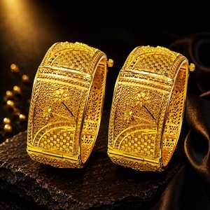 Pulseras de latón chapadas en oro de 14K, 18K, 24K al por mayor, pulseras Kada étnicas artesanales caladas para boda, estilo Dubái, pulseras nupciales árabes Kada - Product Image 2