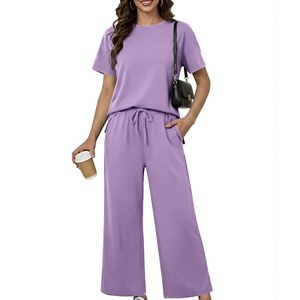 Ensemble décontracté 2 pièces pour femmes, couleur unie, respirant, été, haut à manches courtes et col rond avec pantalon large à cordon de serrage, couleur violette - Product Image 6
