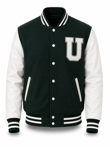 Chaqueta Varsity Unisex Verde con Mangas Blancas, Parche Bordado con la Letra U, Estilo Urbano, Cuello Camisero, Informal de Invierno - Product Image 1