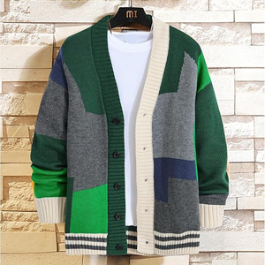 Cardigan en tricot patchwork pour homme, col en V, manches longues, laine acrylique anti-boulochage, vêtement d'automne - Product Image 5