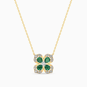 Flower Pendant Necklace With <b>Emerald</b> Cut Green Stones And Round Brilliant Cut Diamonds In Yellow Gold For Women's Everyday Wear - Product Image 1