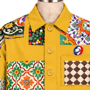 Chaqueta de trabajo amarilla mostaza con mosaico, diseño floral multicolor, abotonada, informal, de manga larga, estilo streetwear, prenda exterior de moda. - Product Image 3