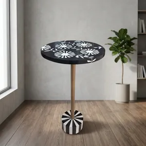 <b>Round</b> <b>Black</b> Wood <b>Side</b> <b>Table</b> with Floral Bone Inlay Top Brass Metal Pedestal and Decorative Base Modern Accent Furniture - Product Image 3
