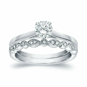 Bague de fiançailles et alliance pour femme en or blanc 10 carats, diamant de laboratoire taille brillant 1,00 carat, clarté VS1, couleur F, certifié IGI - Product Image 1