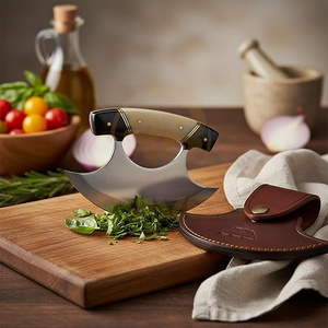 Handmade Alaskan Ulu Chef <b>Knife</b> | Damascus Steel Curved Blade with <b>Bone</b> & Horn <b>Handle</b> & Eco-Friendly Leather Sheath Ambidextrous - Product Image 5