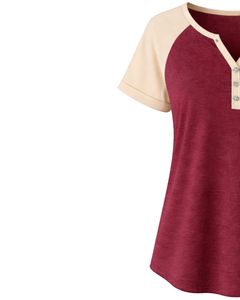 T-shirt pour femme beige bordeaux à manches courtes, col Henley, manches raglan, coton doux, décontracté, respirant, confortable, à porter au quotidien - Product Image 4