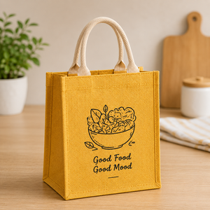 Sac à déjeuner en jute écologique, imprimé « Good Food Good Mood », jaune, durable, réutilisable, sac cadeau pour pique-nique, bureau, voyage - Product Image 6