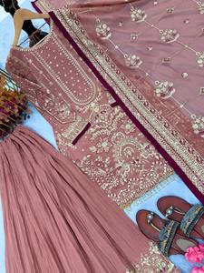 Premium Embroidered Georgette Semi-Stitched Modern Midi Plazzo Suit for Wedding Diwali & Party - Product Image 4