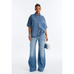 Wholesale Custom Women's Short Sleeve Shirt Unisex Denim Shirt Fabric <b>Ladies</b> Denim Shirts Casual Summer Style - Product Image 2