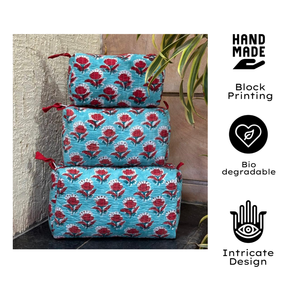 Premium Floral Blue Brown Jaipur Hand block print Quilted cotton toiletry bag Set of 3 Sustainable Non Toxic Dye Zip Closure - Product Image 2