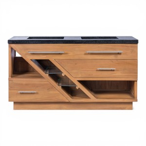 Mueble de Baño Moderno de Lujo con Doble Lavabo de Madera de Teca, Gabinete Flotante de Madera Sólida con Terrazo Negro para Muebles de Baño - Product Image 1