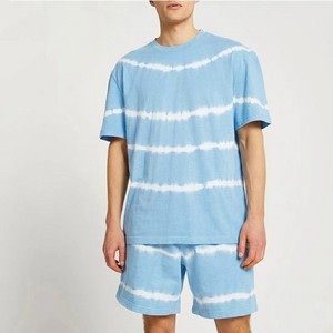 Men's Sky Blue Tie Dye Striped Crew Neck T Shirt And Shorts <b>Set</b> Casual <b>Knitted</b> Summer Outfit With Matching Shorts - Product Image 4