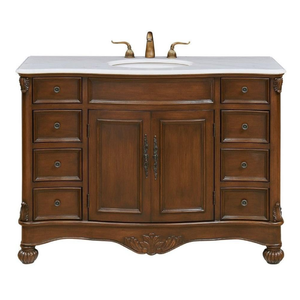 Classic European Teak <b>Wood</b> Single Bathroom <b>Vanity</b> <b>Unit</b> with Carved Accents, White Marble Top, Undermount Sink - Product Image 1