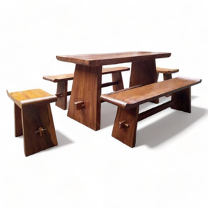 Ensemble de salle à manger en bois de style rustique, table durable et 2 bancs en bois au style minimaliste pour la maison et le jardin - Product Image 1
