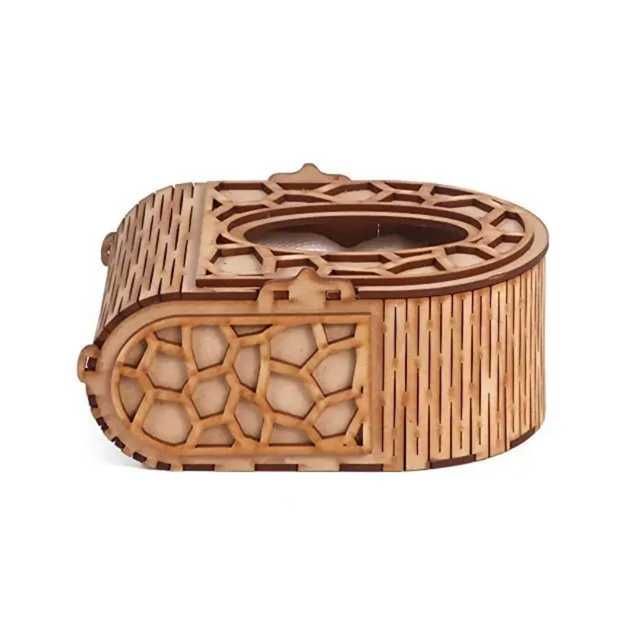 Wooden Mechanical Model Laser Cut Puzzle Box Intricate Geometric Honeycomb Pattern Circular Opening Durable Handcrafted Organize