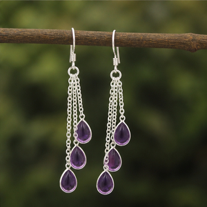 Natural Amethyst Pear Drop Chain <b>Earrings</b> 925 <b>Sterling</b> <b>Silver</b>, Purple Gemstone Multi Chain <b>Dangle</b> <b>Earrings</b> Handmade Jewelry for - Product Image 3