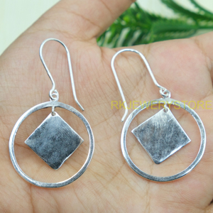 Boucles d'oreilles pendantes géométriques en argent sterling 925, faites à la main, en forme de cercle et de diamant, bijoux de mode pour femmes, cadeau pour elle - Product Image 3