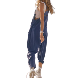Custom Women's Navy Sleeveless V-Neck Sporty <b>Jumpsuit</b> Side <b>Pockets</b> Full Length Lightweight Eco-Friendly Summer Wear 100% Cotton - Product Image 3