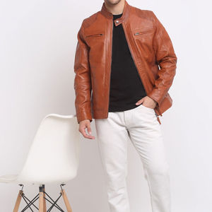 URBANGAZER Men's 100% Polyester Thick Leather Jacket Stand Collar <b>Covered</b> <b>Button</b> Patchwork Design Windproof Breathable High - Product Image 2