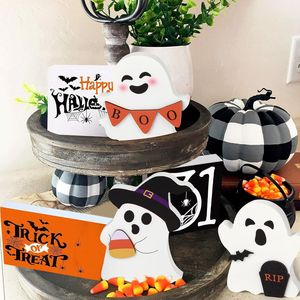 Set di vassoi in legno a 3 livelli per decorazioni di Halloween con gatto nero, pipistrello, scopa da strega e cartelli a forma di zucca - Product Image 5