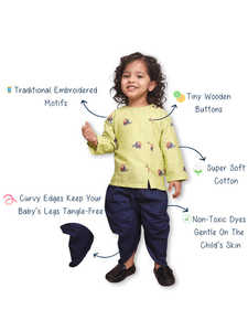 Ensemble Kurta vert imprimé éléphant et pantalon Dhoti bleu marine pour enfants – Tenue ethnique traditionnelle confortable en coton pour garçons - Product Image 4