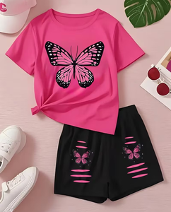 Pink Girls 2Pcs Set Short Sleeve T Shirt Butterfly Print Elastic Waist Shorts Casual Summer Outfit Polyester/Cotton Comfortable - Product Image 1