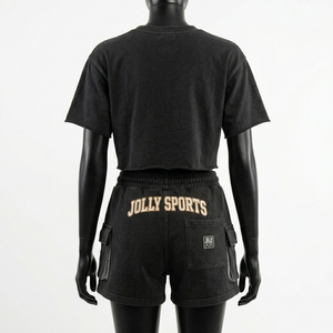 Women Cotton Jersey 200 GSM Black T Shirt Short Set Soft Breathable Fabric <b>Rhinestone</b> Custom Logo 100% Cotton Crop <b>Top</b> & Shorts - Product Image 6