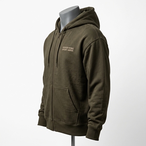 Sweat-shirt à capuche zippé intégral en polaire kaki olive avec double poche frontale fendue et cordon de serrage réglable - Product Image 3