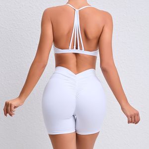 2 Piece Yoga Set Women Crisscross Strap Ruched Butt High Waist Shorts Solid Black Active Stretch - Product Image 3