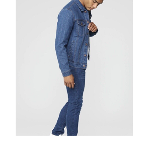 High Quality Custom Brand Casual Slim Long Sleeve Stand Collar Front Logo Jean Biker Classic Style Vintage Blue Denim Jacket <b>Men</b> - Product Image 2