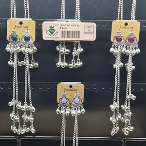 Indian Oxidized <b>Silver</b> Jhumka <b>Earrings</b> Long <b>Chain</b> Hair Extension Ghungroo Bell Bead Jewelry Wholesale Set - Product Image 1