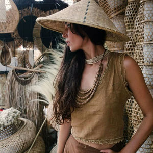 premium Earthy Ochre Raw Edge <b>Linen</b> Crop <b>Top</b> Handcrafted Beaded Neckline Sleeveless <b>Linen</b> Blouse High Quality Organic Fibers - Product Image 1