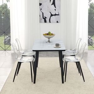 Juego de Comedor con Textura de Mármol Imitación Blanco, Cubierta de Vidrio con Base Inferior de MDF y Patas de Metal Negro, 4 Sillas Transparentes Emparejadas - Product Image 1