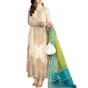 Elegante Traje Anarkali Beige Bordado con Dupatta Verde, Vestido de Boda Tradicional Indio y Pakistaní Hasta el Tobillo para Mujer - Product Image 1